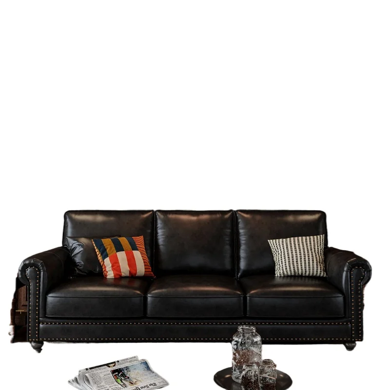 

American leather sofa, black first-layer cowhide three or four-person oil wax leather retro straight row sofa