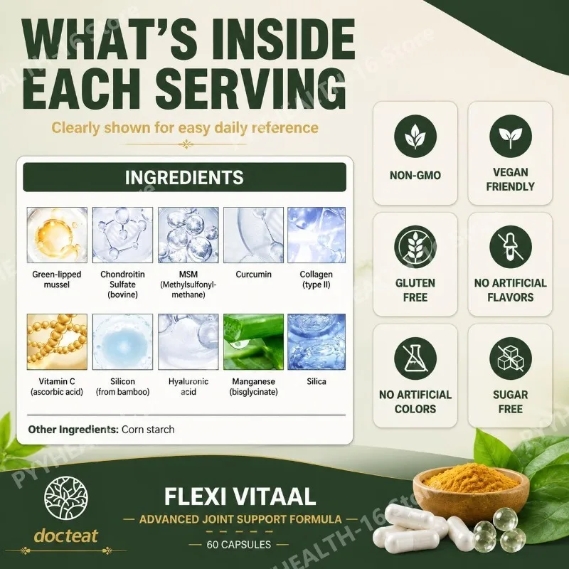 Docteat Mobility Support Capsules with Collagen Type II MSM Curcumin Hyaluronic Acid Botanical Nutrient Formula 60 Capsules