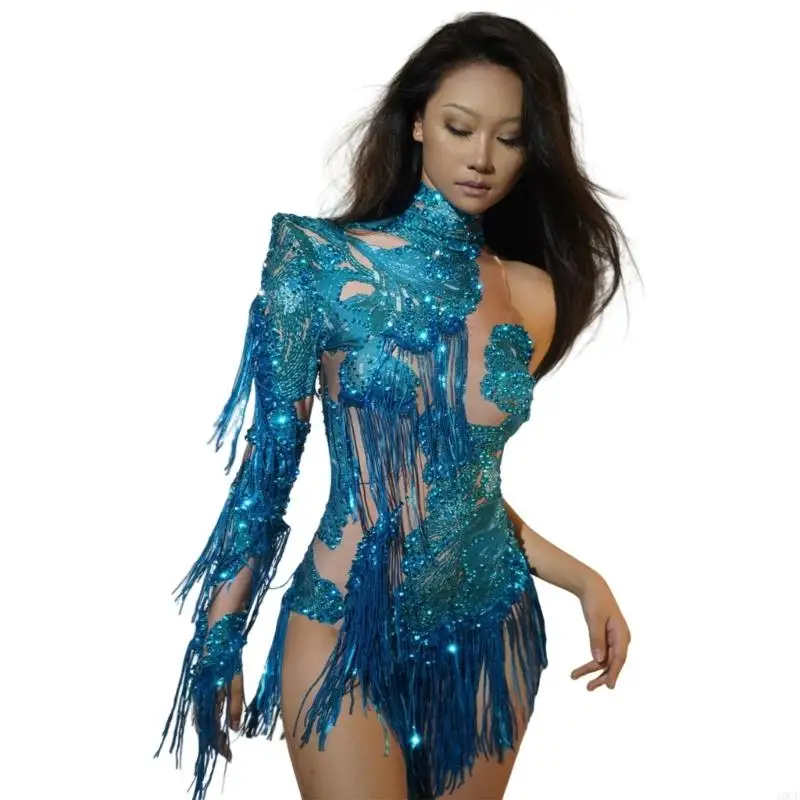 Rhinestones Fringe Bodysuit Sparkly Tassels Skinny Leotard Raves Festival Outfits Latin Dance Costume for Women Girls