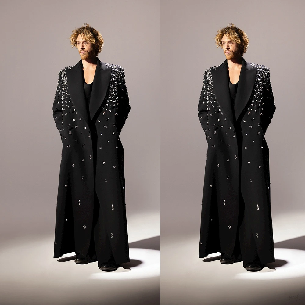Heavy Beads Men Wool Long Jacket Oversize Winter Luxury Beading Overcoat One Piece Customized Formal Business Wear