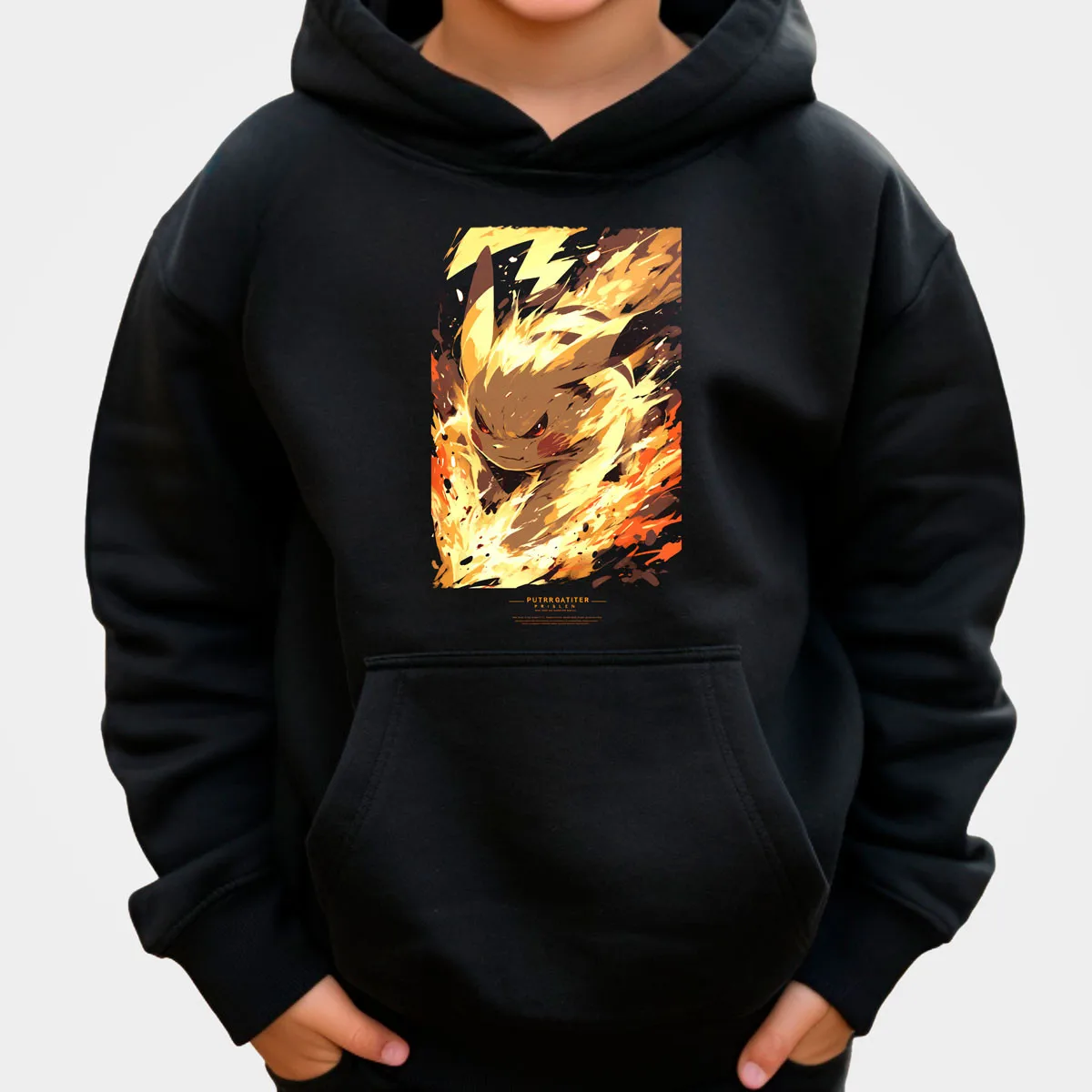 

Pokemon Anime Pikachu Cotton Hoodie Black Color with Multi Color Flame Aura Effect Pattern Loose Fit Autumn Winter Warmth