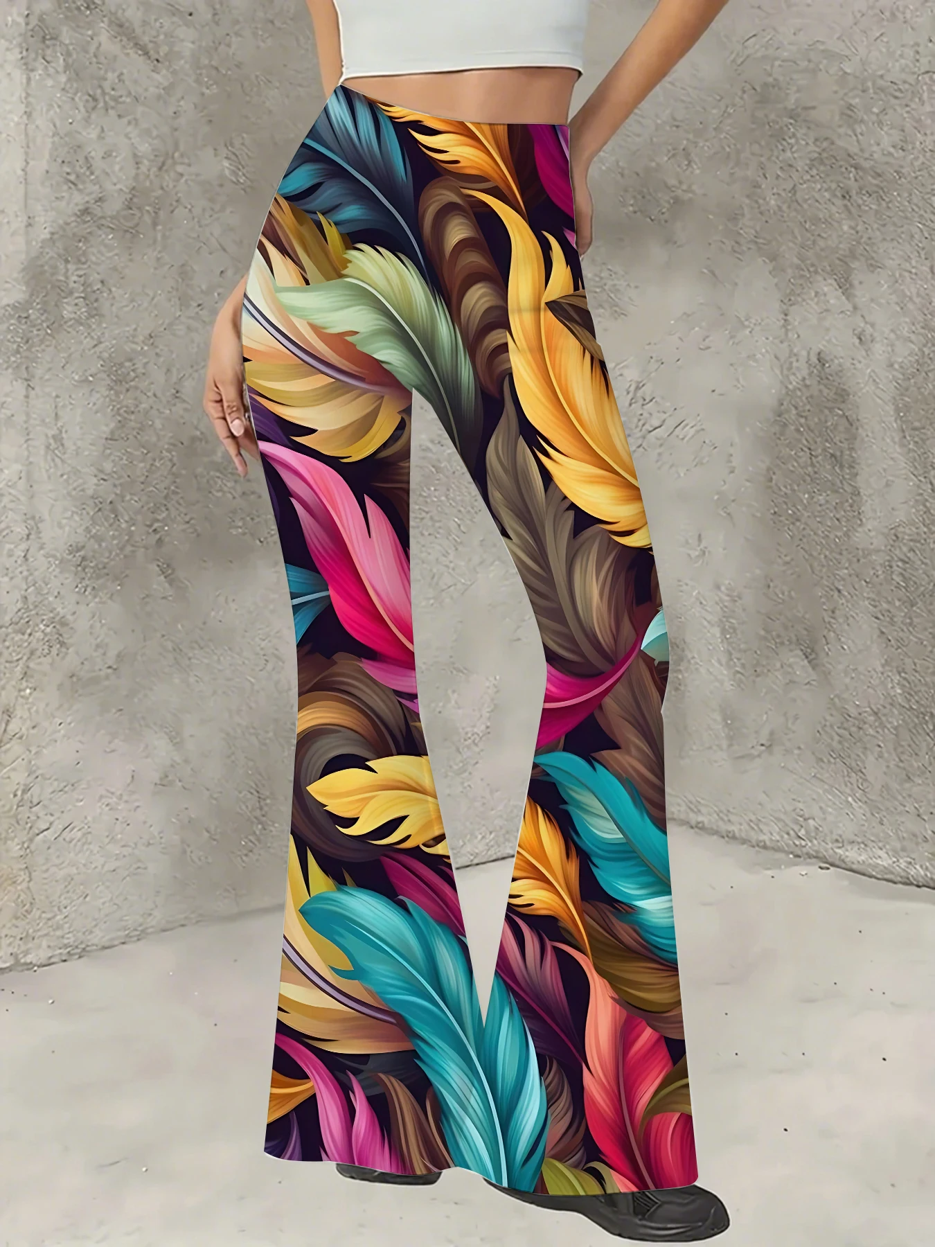 

Women's Boho Printed Flare Pants Vintage Knit High Waist Wide Leg Trousers