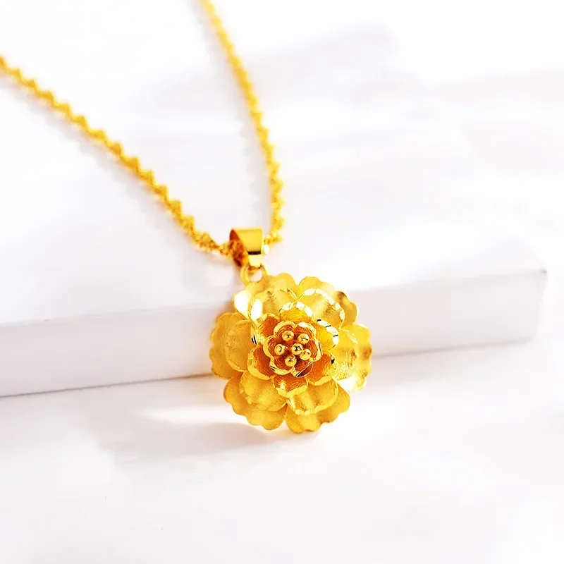 

999 Real Palace Style Peony Flower Necklace, 24K Pendant Clavicle Chain for Wedding Engagement Fine Jewelry Gifts