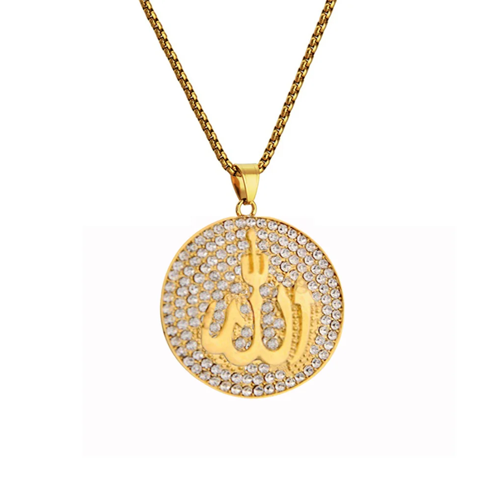 

Hip Hop Iced Out Bling Allah Pendant Religious Male Gold Color Stainless Steel Round Islam Muslim Necklace for Men Jewelry Gift