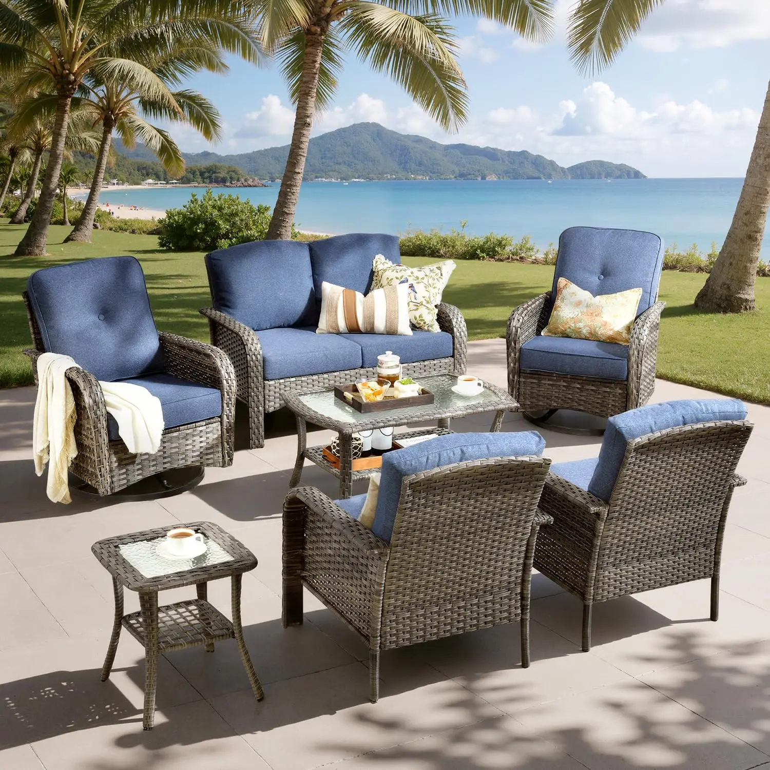 

7-Piece Outdoor Patio Furniture Set with Swivel Chairs, Outdoor Conversation Wicker Sofa with Coffee Table, Rattan, Custom