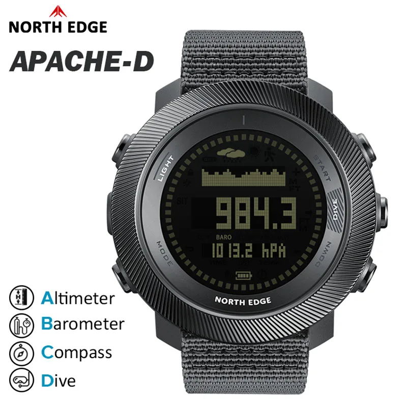 NORTH EDG NEW APACHE-D Men's Digital Free Dive Watch Outdoor Sport Watches Altitude Barometer Compass World Time Waterproof 100M