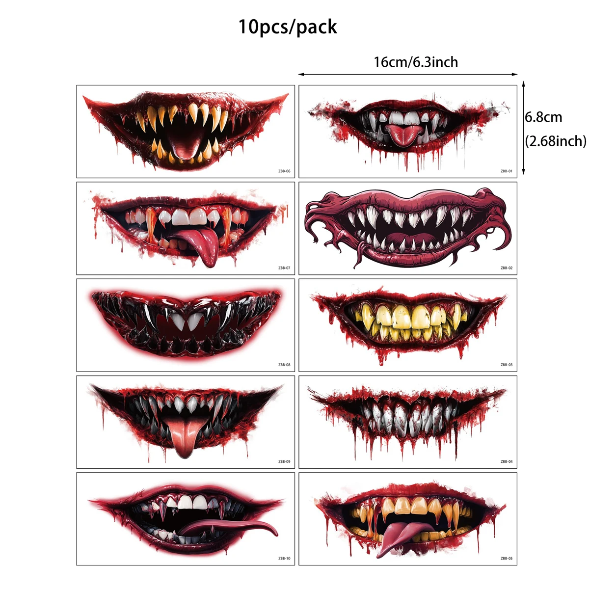

10pcs Waterproof Face Tattoo Stickers for Halloween Terrible Big Mouth Fake Tattoo for Women Men Face Makeup for Saints' Day
