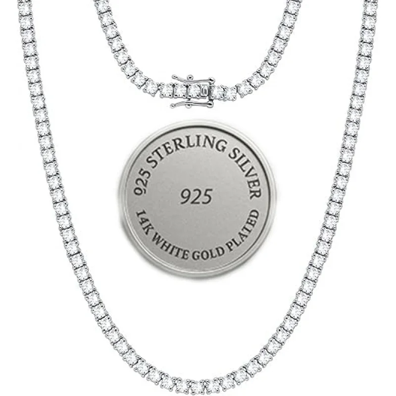 4MM Moissanite Tennis Necklace For Women & Men – 14K White Gold Plated 925 Sterling Silver – D Color VVS1–VVS2 Clarity Stones, 1