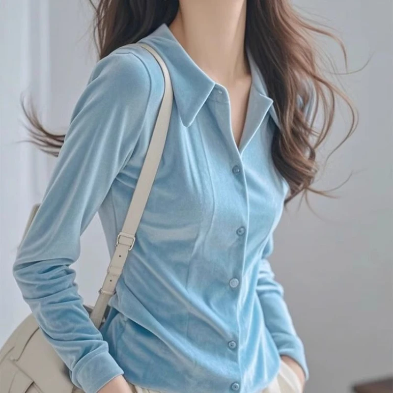 

2025 Spring Fall Women Slim Office Lady Blue Velvet Top T Shirt , Woman Autumn Velour Cardigan Tops Shirts
