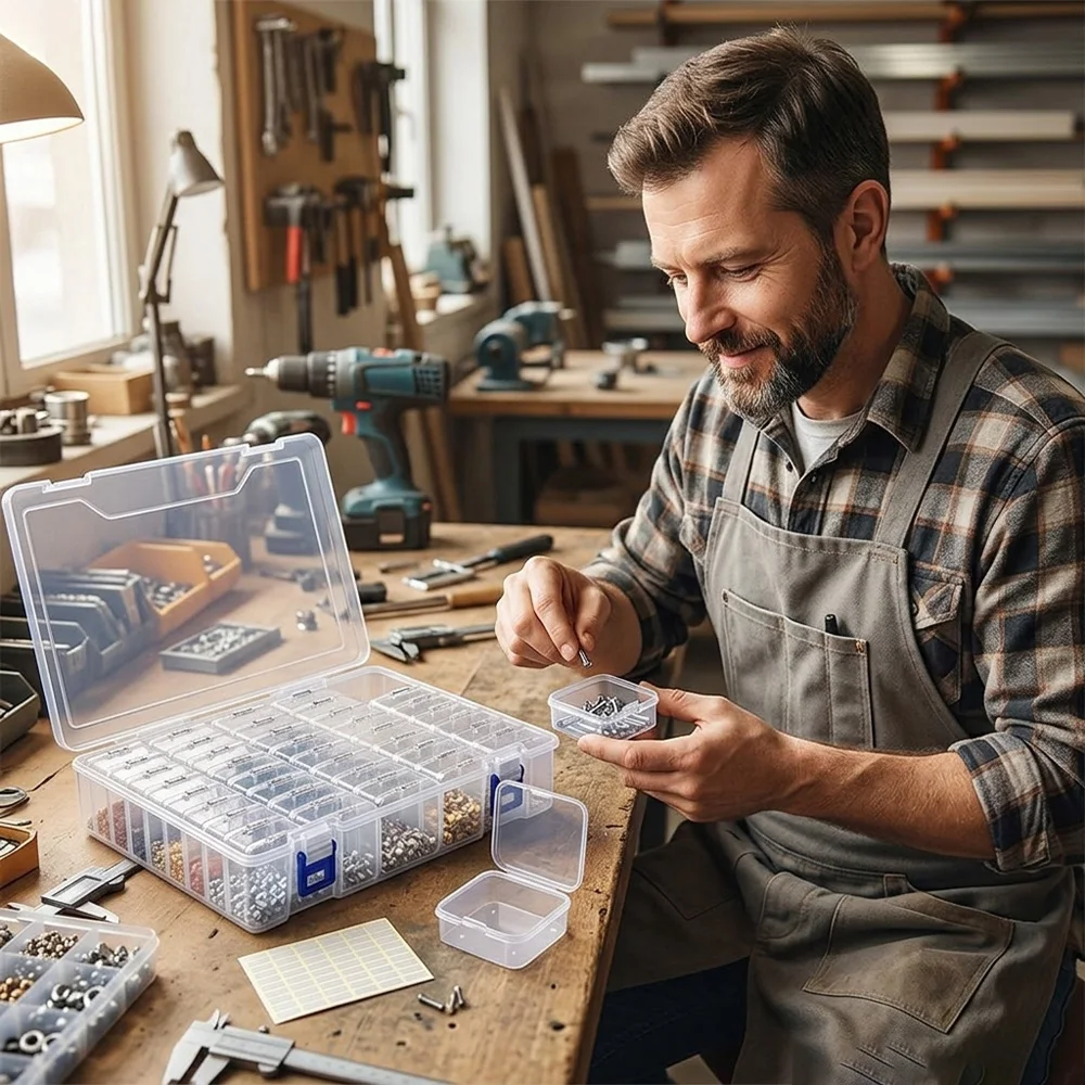 44-teilige Kunststoff-Aufbewahrungsbox mit kleinen Fächern und 1 großer Aufbewahrungsbox, Sortierbox für Schrauben und Muttern, tragbare Zubehör-Aufbewahrungsbox mit Etiketten – Detail 4