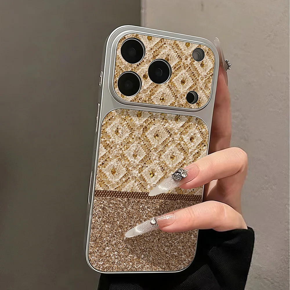 Gold Lace With Glitter Accents Pattern Phone Case For iPhone 18 Pro Max 17 15 Pro 16 14 13 Pro 12 11 Faux leather with lanyard view 2