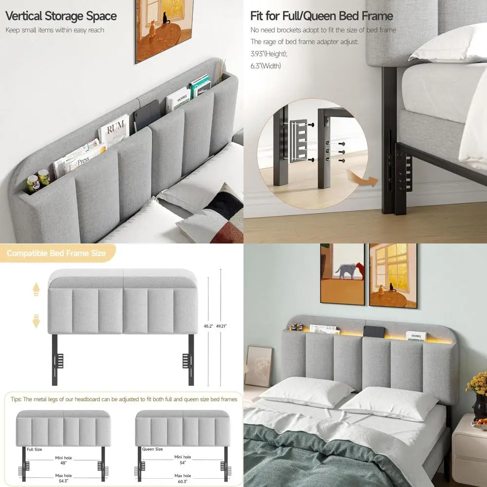 Estrutura de Cama Ajustável em Tecido de Linho com Armazenamento e Iluminação LED RGB, Cinza Claro