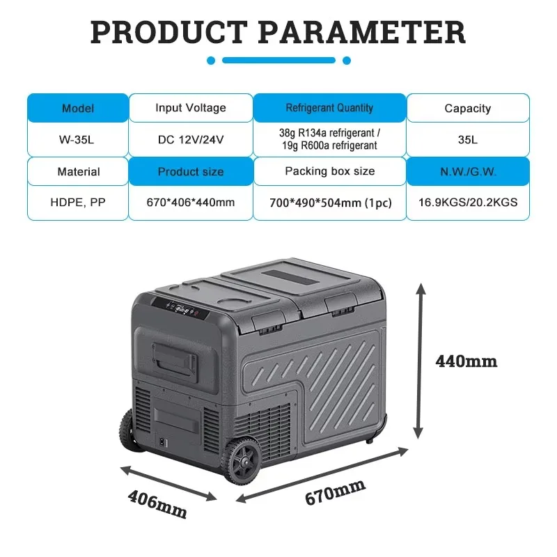 35L Wheeled Dual Zone Portable Car Refrigerator Freezer 12V 24V Automotive Refrigerator with LED Display for Camping Travel
