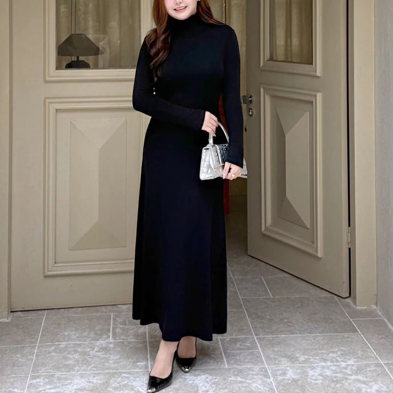 XXXXL moda vestidos de talla grande para mujer Premium Lycra tejido cintura ceñida A-Line cuello alto curvas vestido básico francés delgado 9429