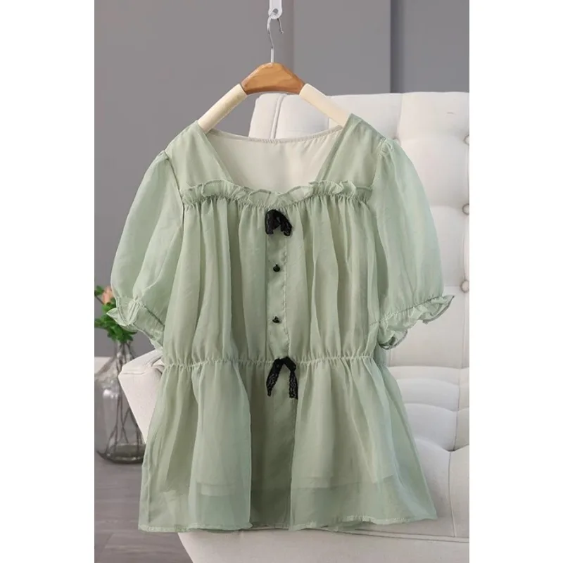 

Youthful Women's Shirt with Waist Cinching 2025 Summer New Square Neck French-inspired Puff Sleeve Blouse