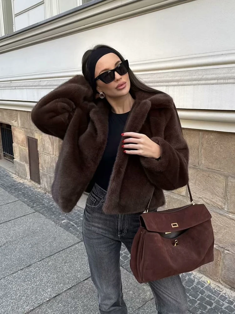 レディースファッション人工毛皮ブラウンコート冬用ゆったり保温通勤ショートコートラペル付き長袖カジュアルコート