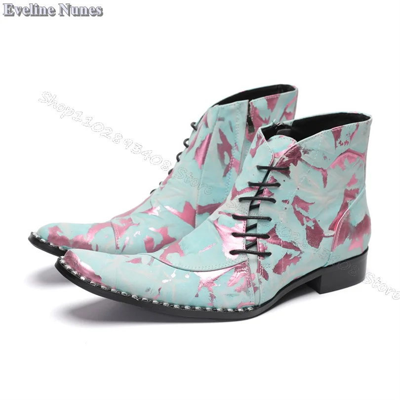 

Print Lace up Men Boots Newest Stylish Pointed Toe Side Zipper Boots Spring Banquet Male Shoes Big Size 38-46 Zapatillas Mujer