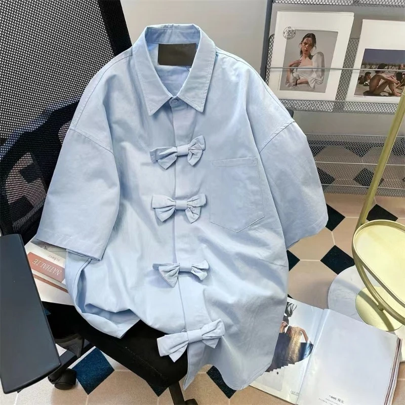 DAYIFUN Three Dimensional Bow Buckle Blue Women's Shirt Lapel Short Sleeve Girl's Top Summer Sweet College Style Girls' Clothing