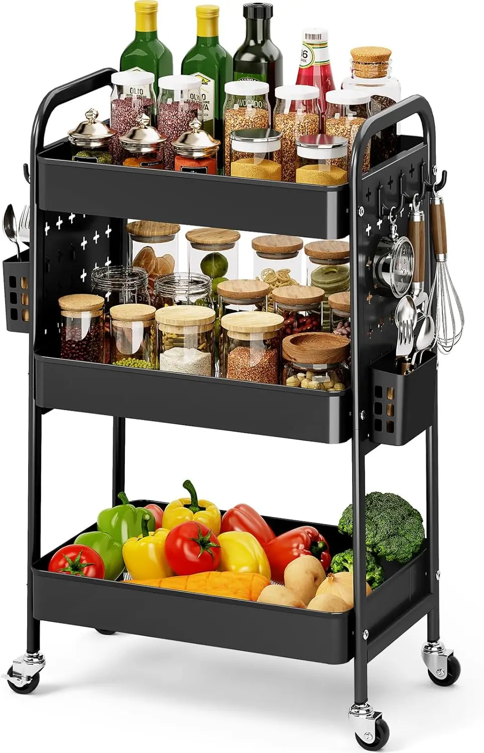 

Трехуровневая тележка на колесах с подвесной полкой, металлическая универсальная тележка с корзинами для хранения в ванной, на кухне, в офисе