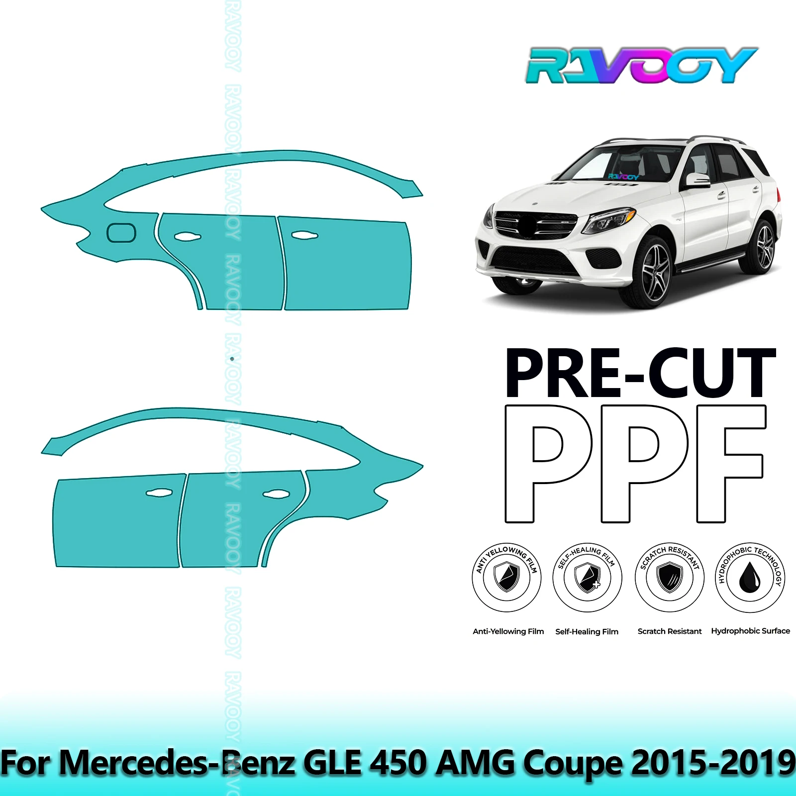 

For Mercedes-Benz GLE 450 AMG Coupe 2015-2019 8.5mil Clear Matte Pre-Cut PPF Door & A/B Pillar Kit TPU Paint Protection Film Set