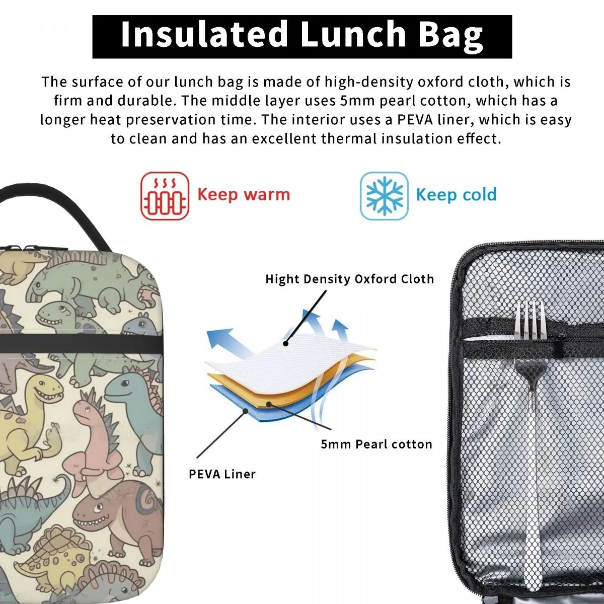 Cartoon Light Color Dinosaur Pattern Insulated Lunch Bag for Women Kids Leakproof Food Boxes Thermal Lunch Box Tote