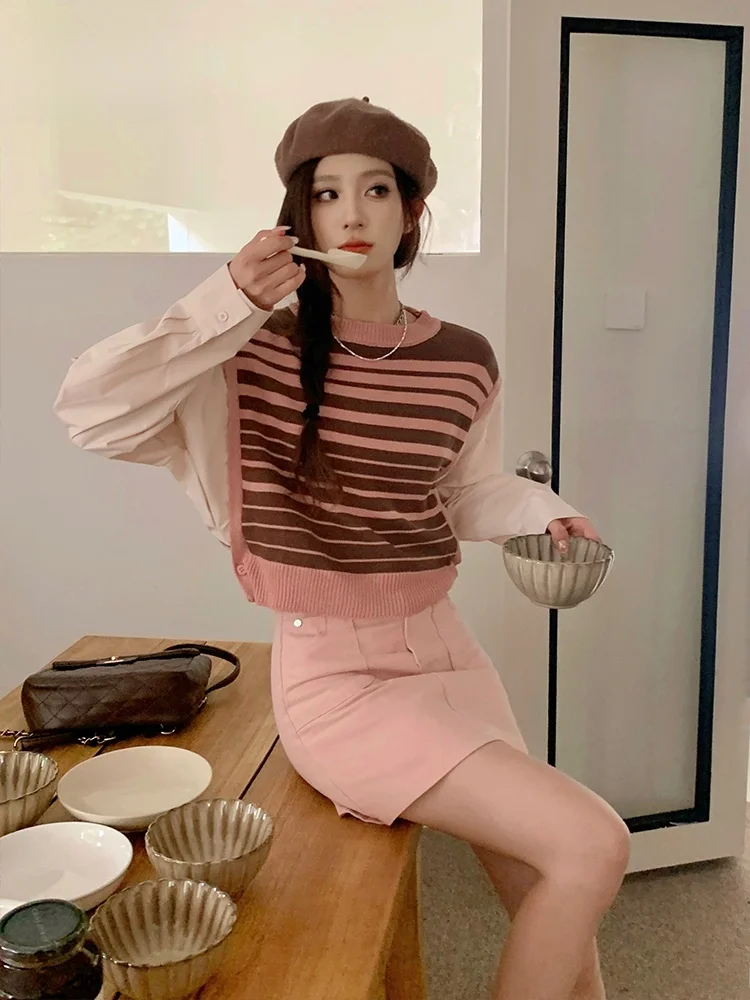 

Pink Striped Knitwear round Ne Slim Fit Women's Top Yang Bubble Commute Sle Korean Version Floing Design Long Sve