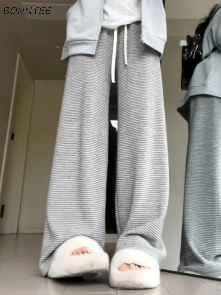 

Брюки женские с широкими штанинами, уличная одежда в полоску, повседневные мешковатые брюки с завышенной талией, универсальные мягкие ветрозащитные штаны на шнурке, весна-осень