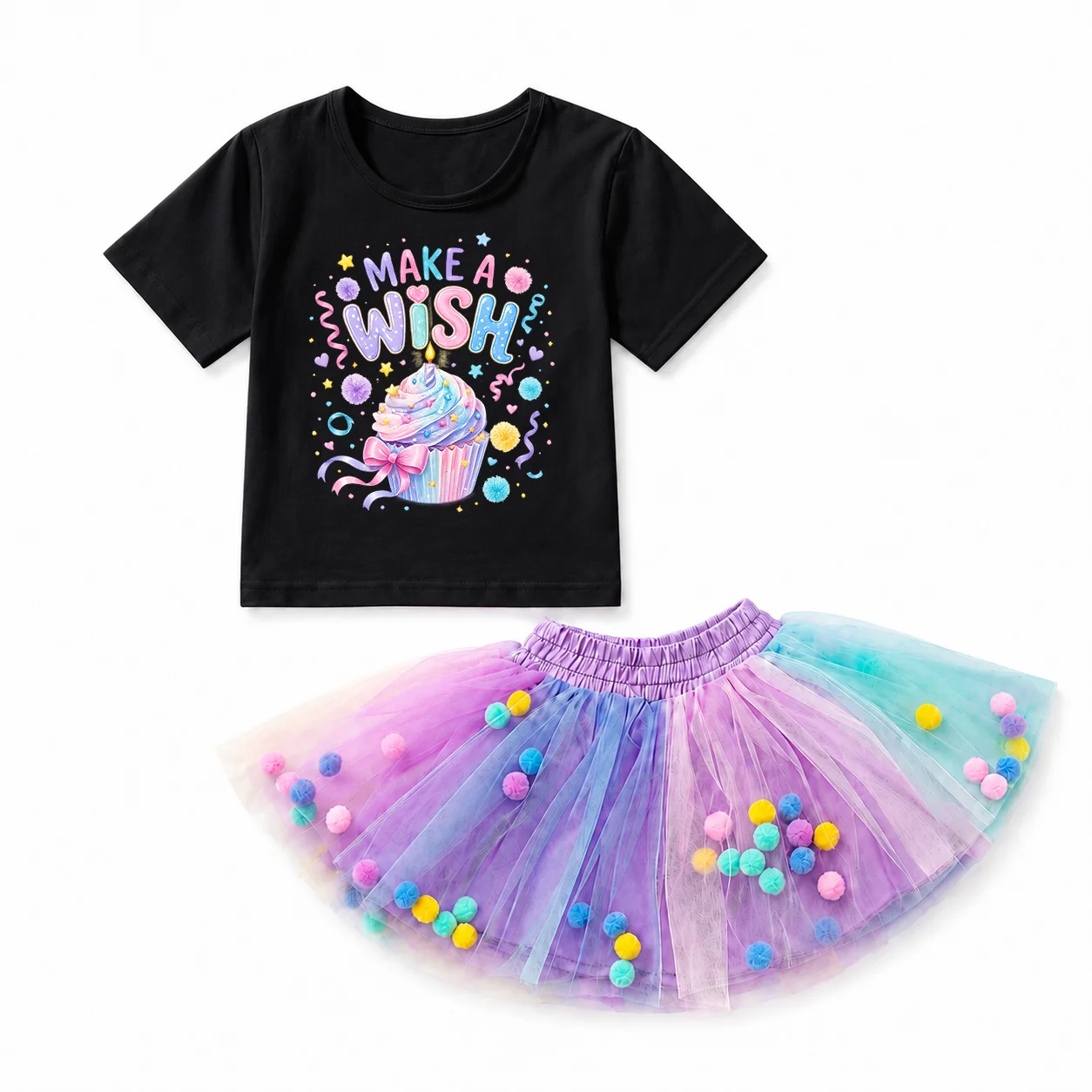 Kids Girls 2Pcs Birthday Costume Make A Wish Cupcake Print T-Shirt Rainbow Pom Pom Tutu Skirt Princess Party Dress Outfit
