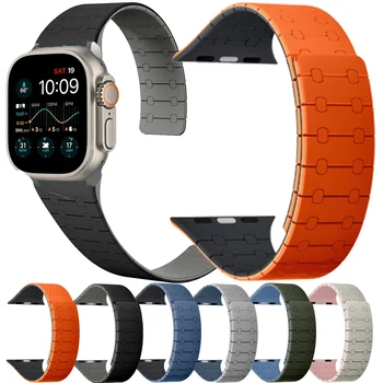 애플 워치 스트랩용 마그네틱 실리콘 밴드, 스포츠 팔찌, iWatch 시리즈 10, 9, 8, 7, 6, 5, SE 울트라 2, 49mm, 46mm, 44mm, 40mm, 41mm, 45mm 