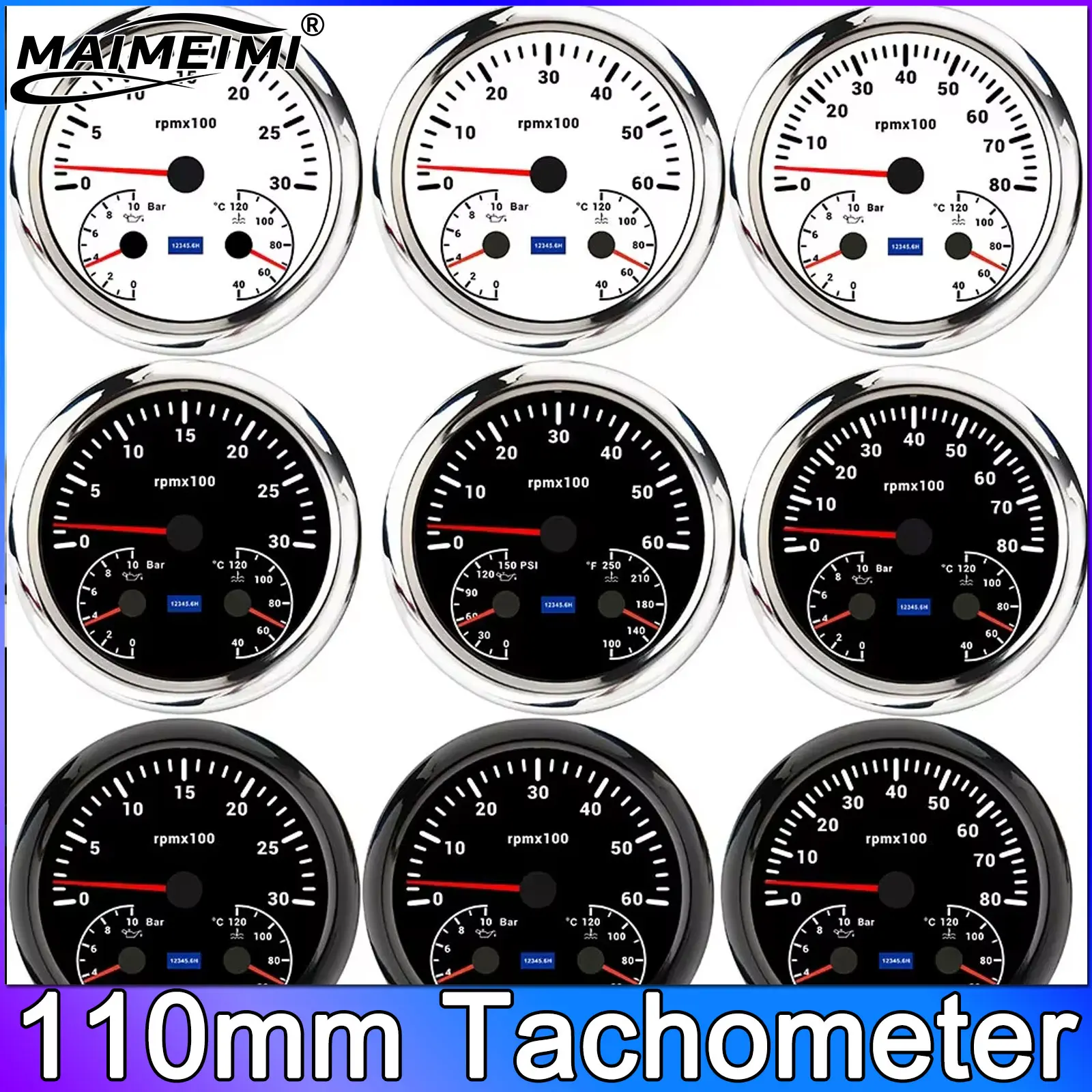 

110mm Tachometer Multi-functional 3 in 1 Meter Oil Pressure Gauge BAR PSI Water Temp Meter 12V for Car Boat Red Backlight