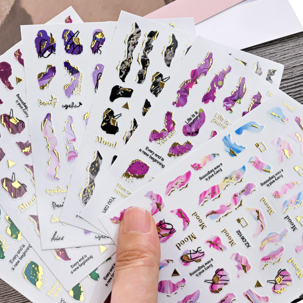 6Pcs 3D Marble Blooming Foil Nail Stickers Bronzing Geometry Nail Art Slider Decals Spring Summer Wave Line Manicure Decorations