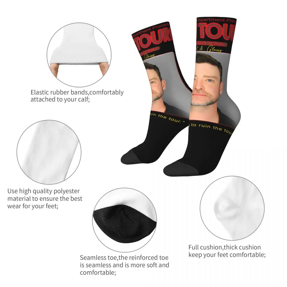 Justin Timberlake Mugshot Tour Merchandise Crew Socks Cozy World Tour Graphic Middle Tube Socks Soft for Mens Little Small Gifts