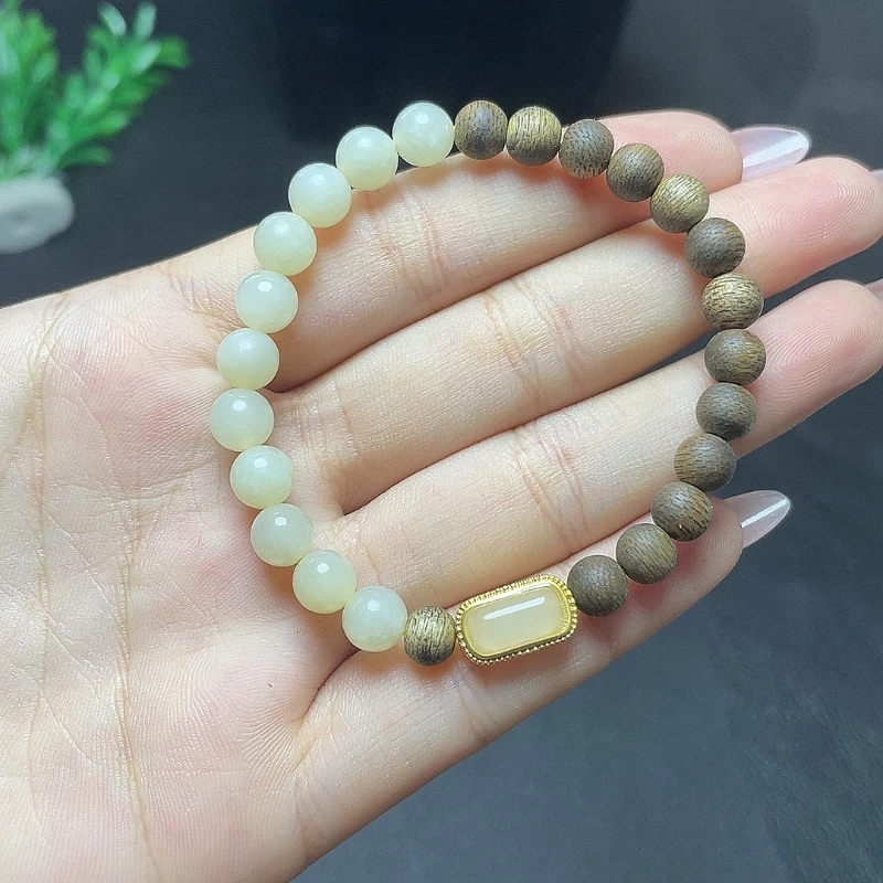 Agarwood splicing Hetian jade bracelet, simple single circle niche design, exquisite Wenwan bracelet, couples of the same style