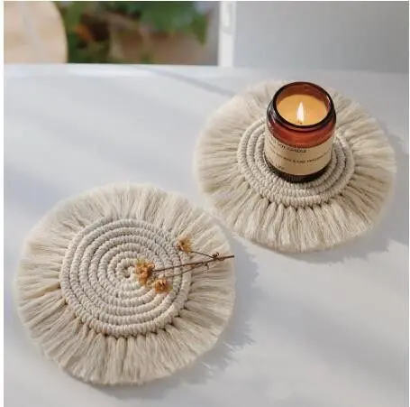 Handwoven Macrame Tassel Coasters Coffee Cup Pot Holder Pad Non-Slip Insulation Coffee Cup Pad Mats PlatePlacemat Table Mat