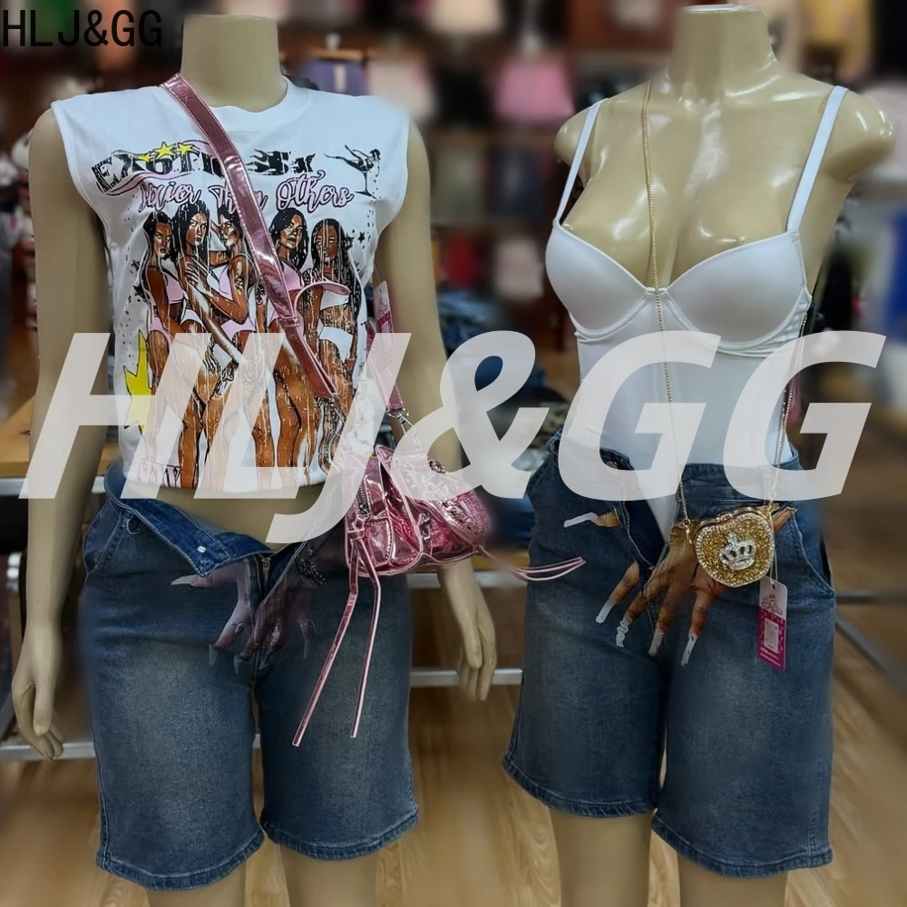 HLJ&GG Y2K Trend Pattern Printing Two Piece Sets Women Round Neck Sleeveless Top And Denim Shorts Outfit Fashion 2pcs Streetwear