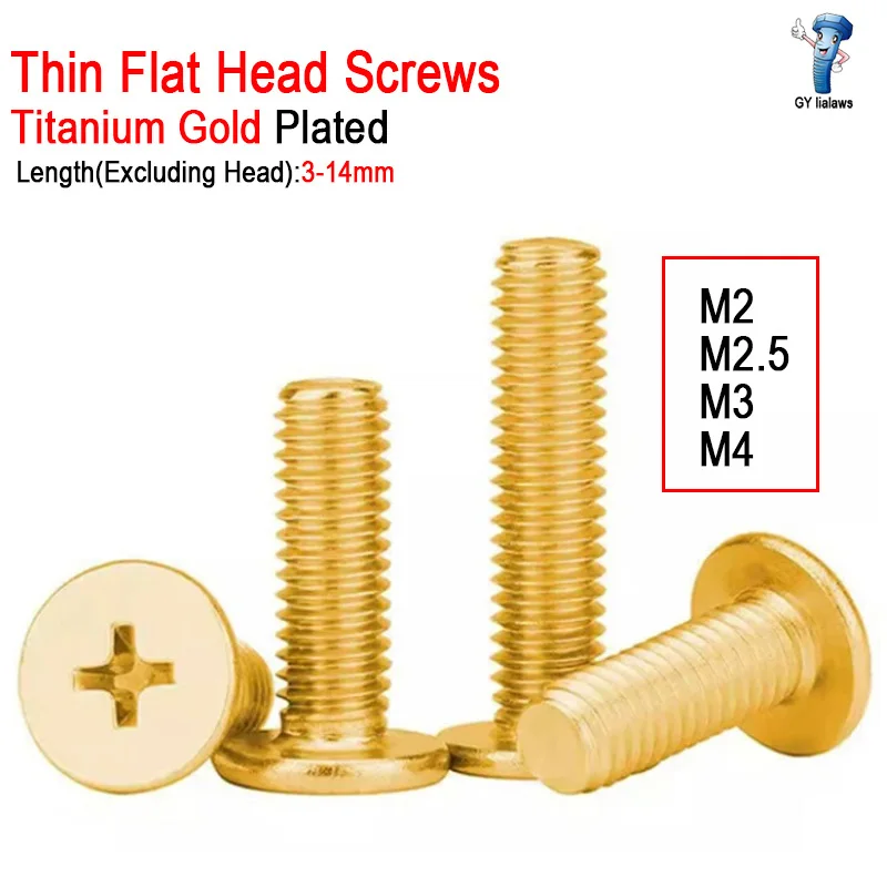 25~100pcs M2 M2.5 M3 M4 CM Titanium Gold Plated Carbon Steel Cross Phillips Ultra Thin Flat Wafer Head Screw Bolt Length 3-14mm