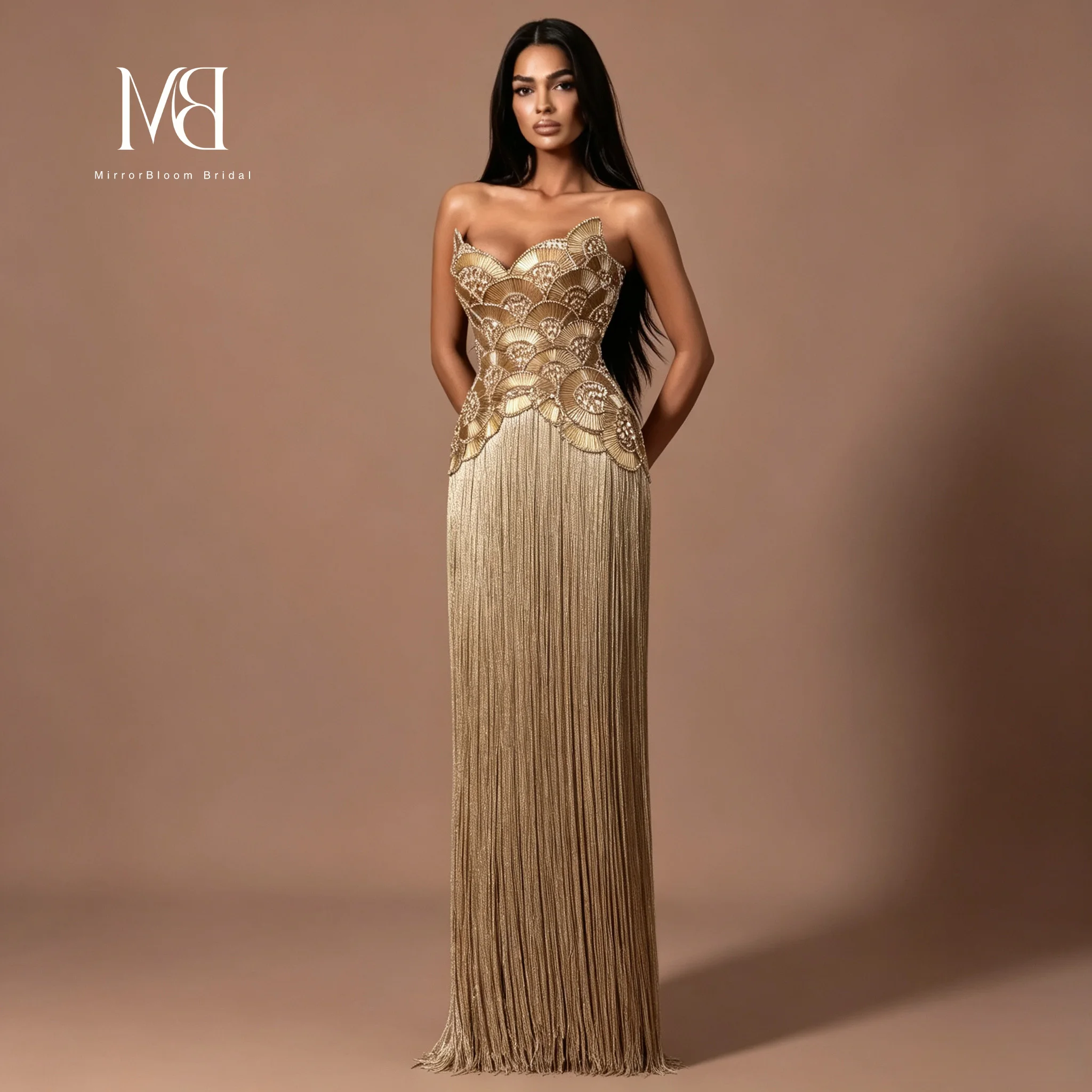 Regal Antique Gold Strapless Sweetheart Beaded Fan Pattern Bodice Long Fringe Mermaid Evening Gown
