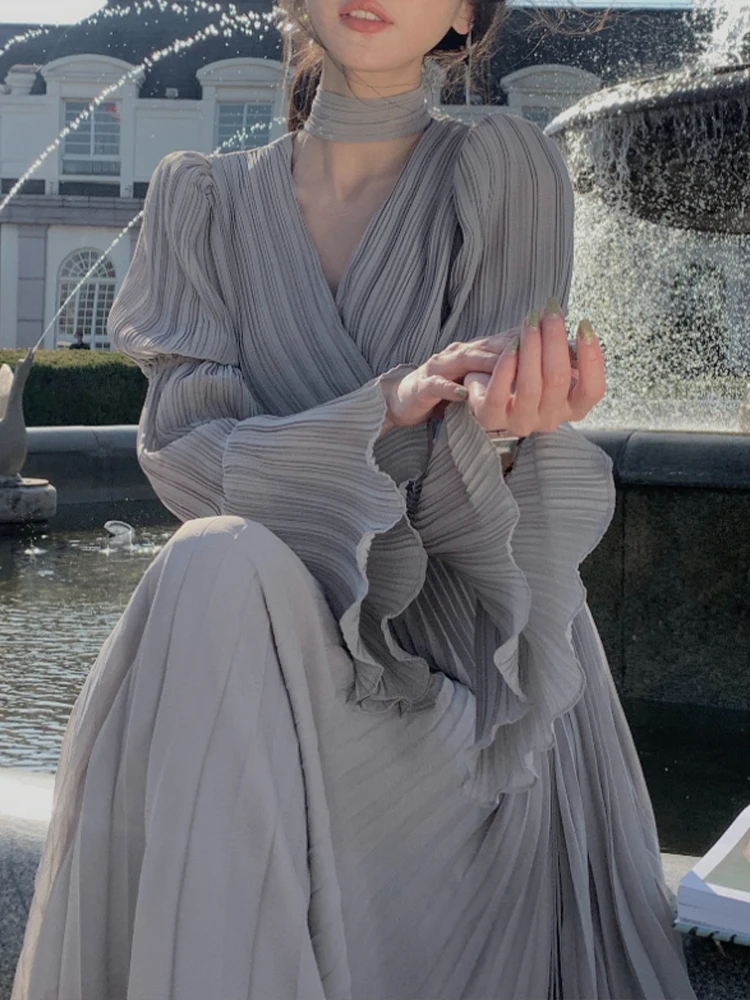 Chiffon Fairy Long Dress Women Korean Fashion Midi Dress Female Summer Elegant Irregular Ruffles V-Neck Halter High Waist Dress