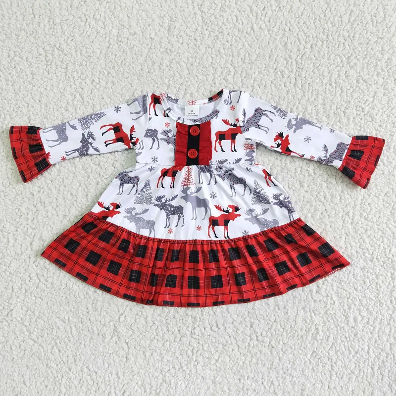 

New Spring Fall Fashion Baby Girls Red Buckle Elk Lace Long Sleeve Dress Boutique Wholesale Kids Children Skirt