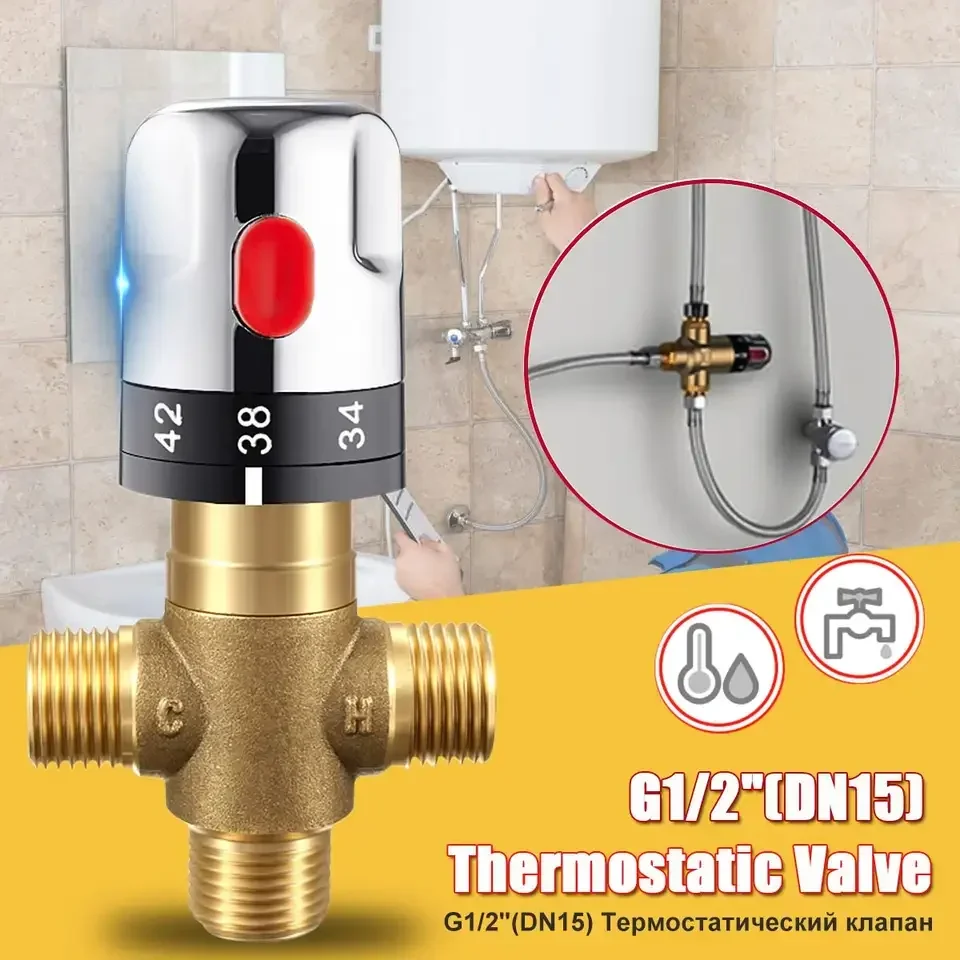 

Thermostatic Mixing Valve Brass Bathroom Faucet Temperature Mixer Control 3Way G1/2 Thermostatic Valve Home Improvement