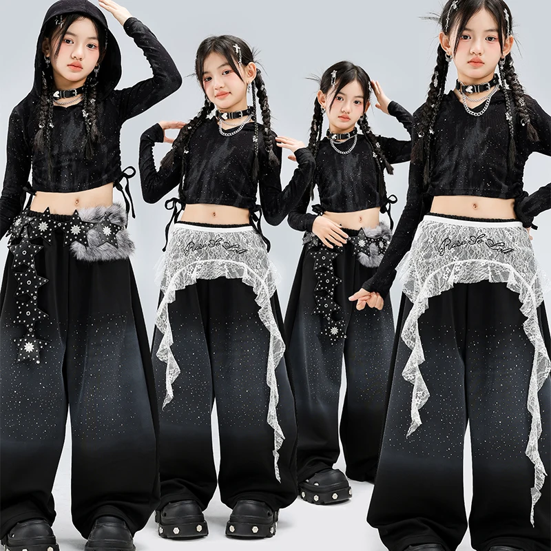 

Костюмы для девочек в стиле K-pop: укороченный топ, танцевальные брюки с пайетками, одежда для девчонок, комплекты для детей, уличная одежда в стиле хип-хоп, костюмы для джаза