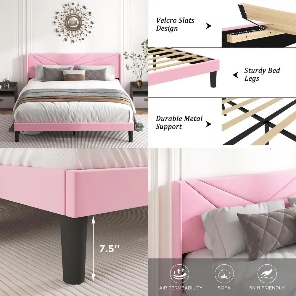 

King-Size Upholstered Wingback Headboard Bed Frame, Easy Assembly Platform Bed with Heavy-Duty Wooden Slats and Noise-Free Suppo