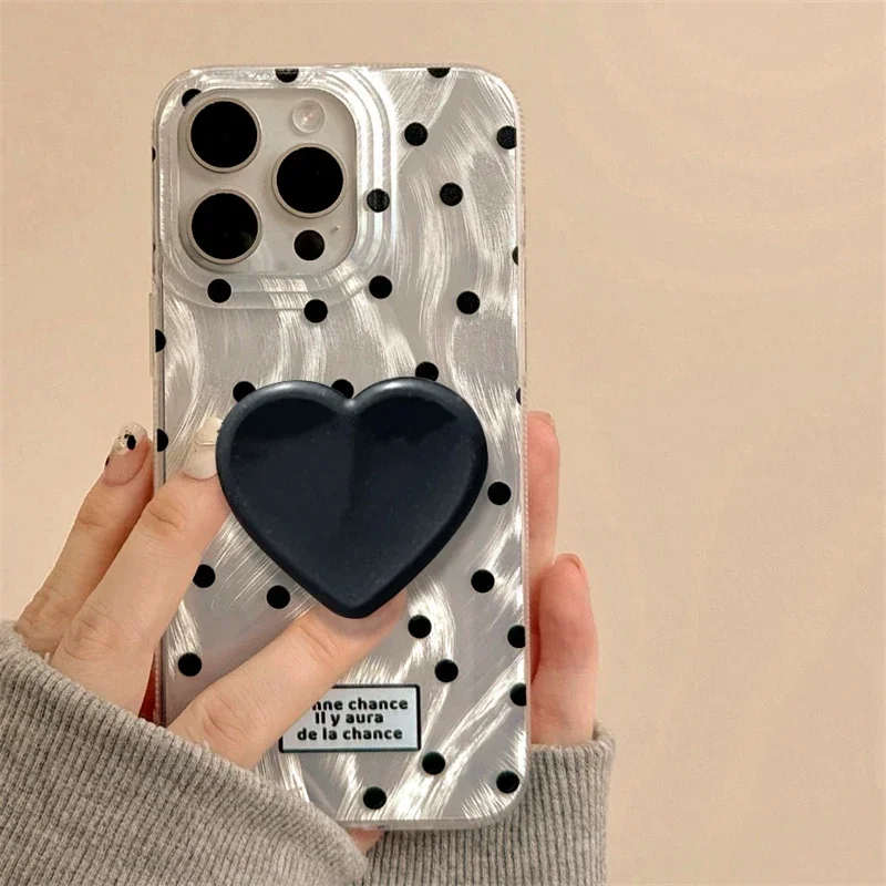 For iPhone 16 Silver Phone Cases with Black Heart Holder 15 Plus 14 13 Pro Max 12 11 Griptok Case pop Cover Socket Grip Talk