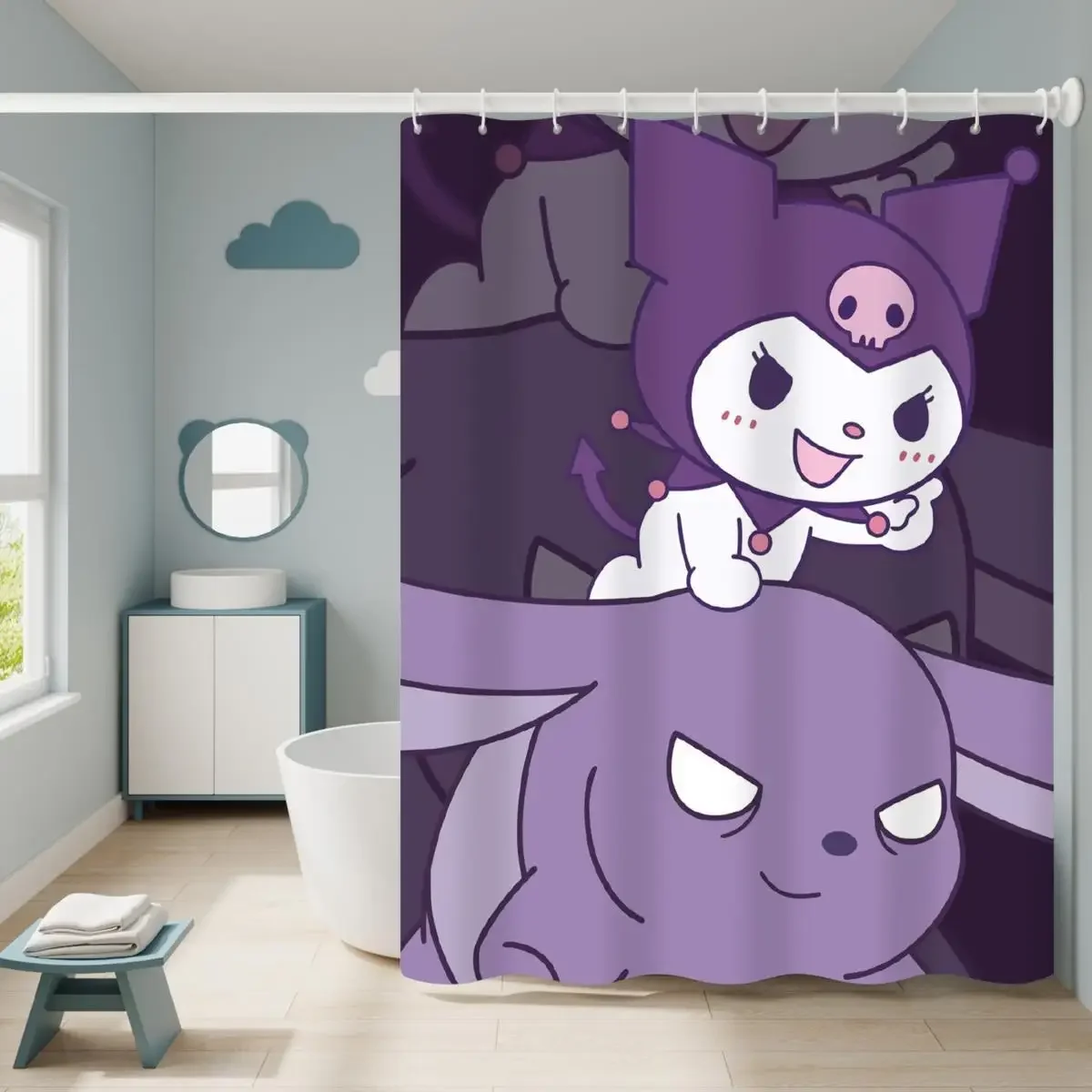 Imagem -02 - Sanrio Kuromi Cartoon Shower Curtain Poliéster Impermeável Cortina do Banheiro com Ganchos Presente Kawaii