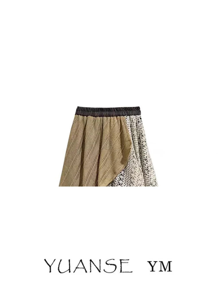 Retro Spliced Color Block Elastic Waist Asymmetrical Skirt Women's Spring Autumn Design Plaid Midi Skirt for Young Girls