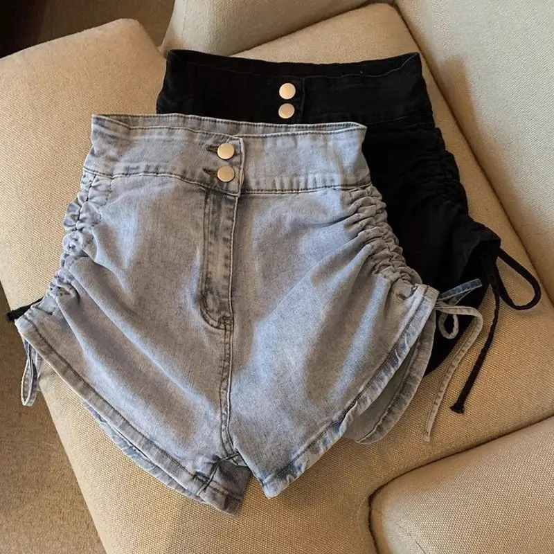 

High-waisted Drawstring Design Stretch Denim Shorts Women's Spring Summer 2025 Thin Straight-leg A-line Wide-leg Hot Pants