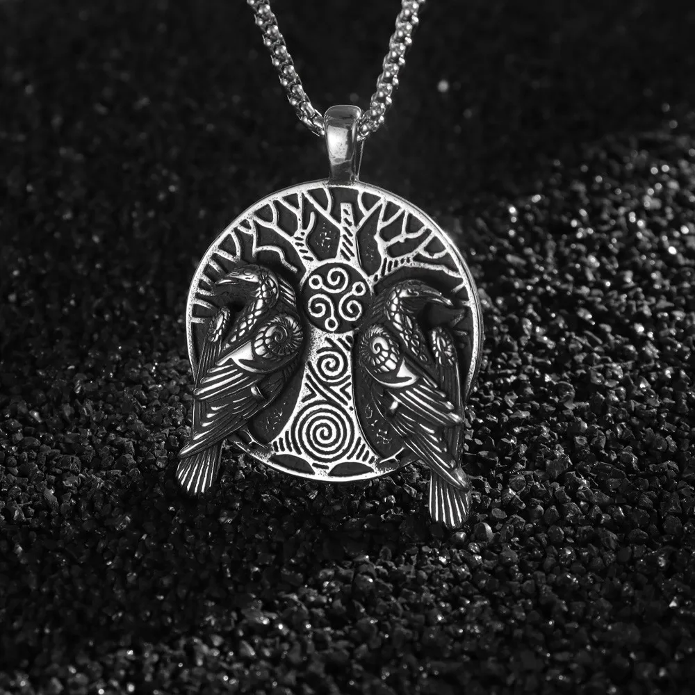 Vintage Tree of Life Odin Crow Pendant Charm Men\'s Necklace Fashion Christmas Valentine\'s Day Gift Protector Jewelry Accessories