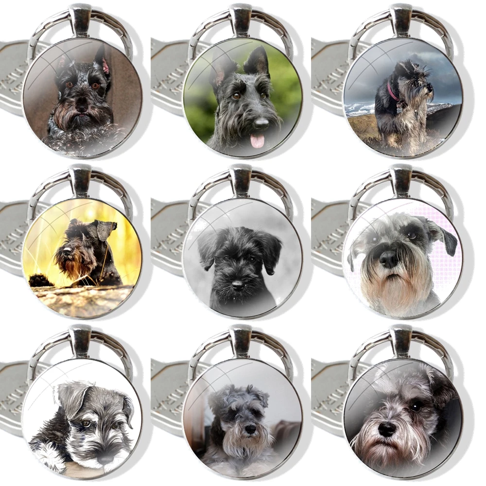 Miniature Schnauzer dog art Keychain Handmade Glass Cabochon Key Ring Holder Pendant Key Chains