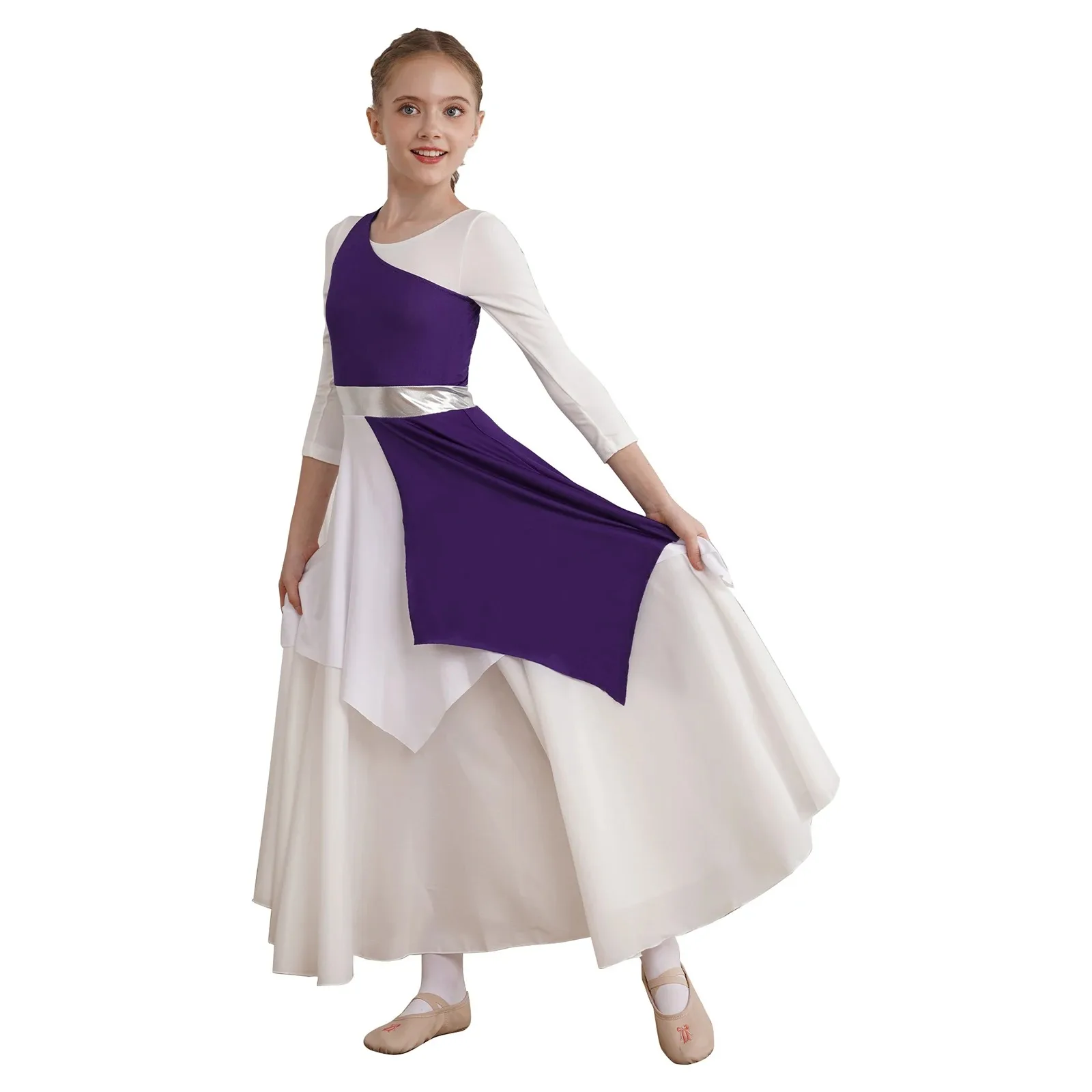 

Kids Girls Praise Liturgical Dance Dress Contemporary Lyrical Dance Costumes Sleeveless Single Shoulder Tunic Dance Dresses