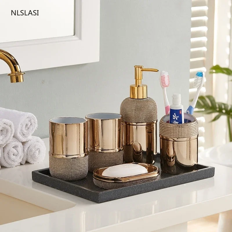 

Luxury Golden Ceramic Wash Set Bathroom Five piece set Soap Dispenser Gargle Cup Toothbrush Holder Christmas Wedding gifts